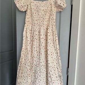 H&M Cream Dress with Red Floral Print and Green Leaves